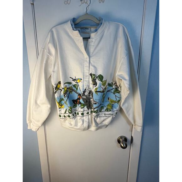 VTG Artisans Woodland Warblers Bird Cardigan Sweatshirt Sweater Large Grannycore - Picture 1 of 8